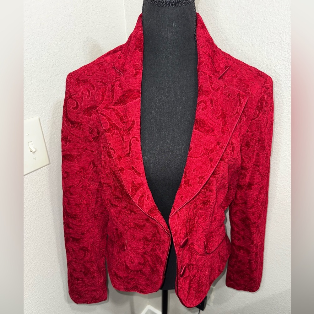 Nine & Co Red Baroque Jacquard Blazer Whimsy Goth Dark Academia Luxe-Sz‎ 14